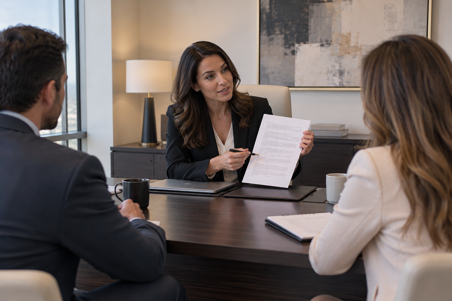 Woman in a suit showing a business document during a meeting about registered agent service and legal correspondence