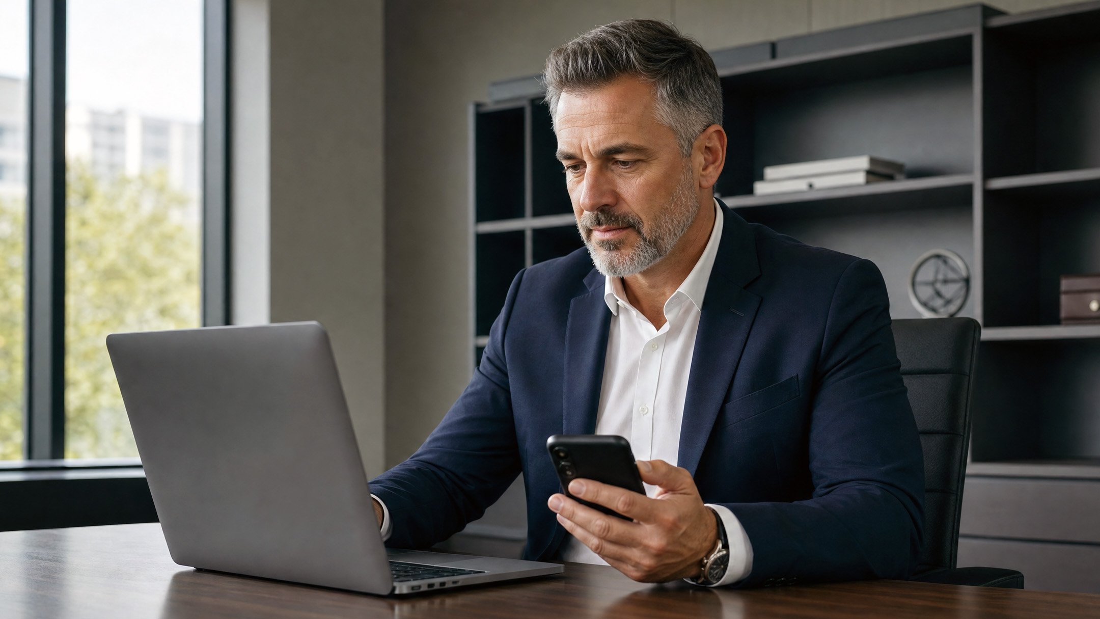 Mature business owner using a laptop and smartphone to manage company documents online.
