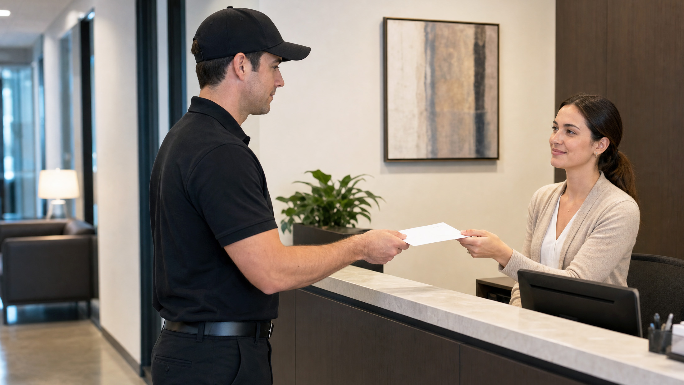 Legal process server handing a manilla envelope to a receptionist at an office front desk.