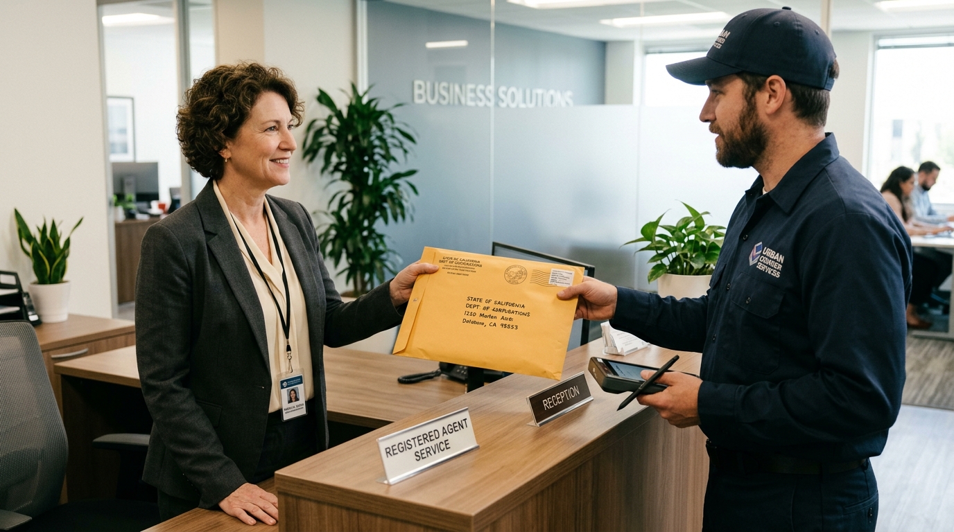 Delivery man handing an envelope to a receptionist in an office.