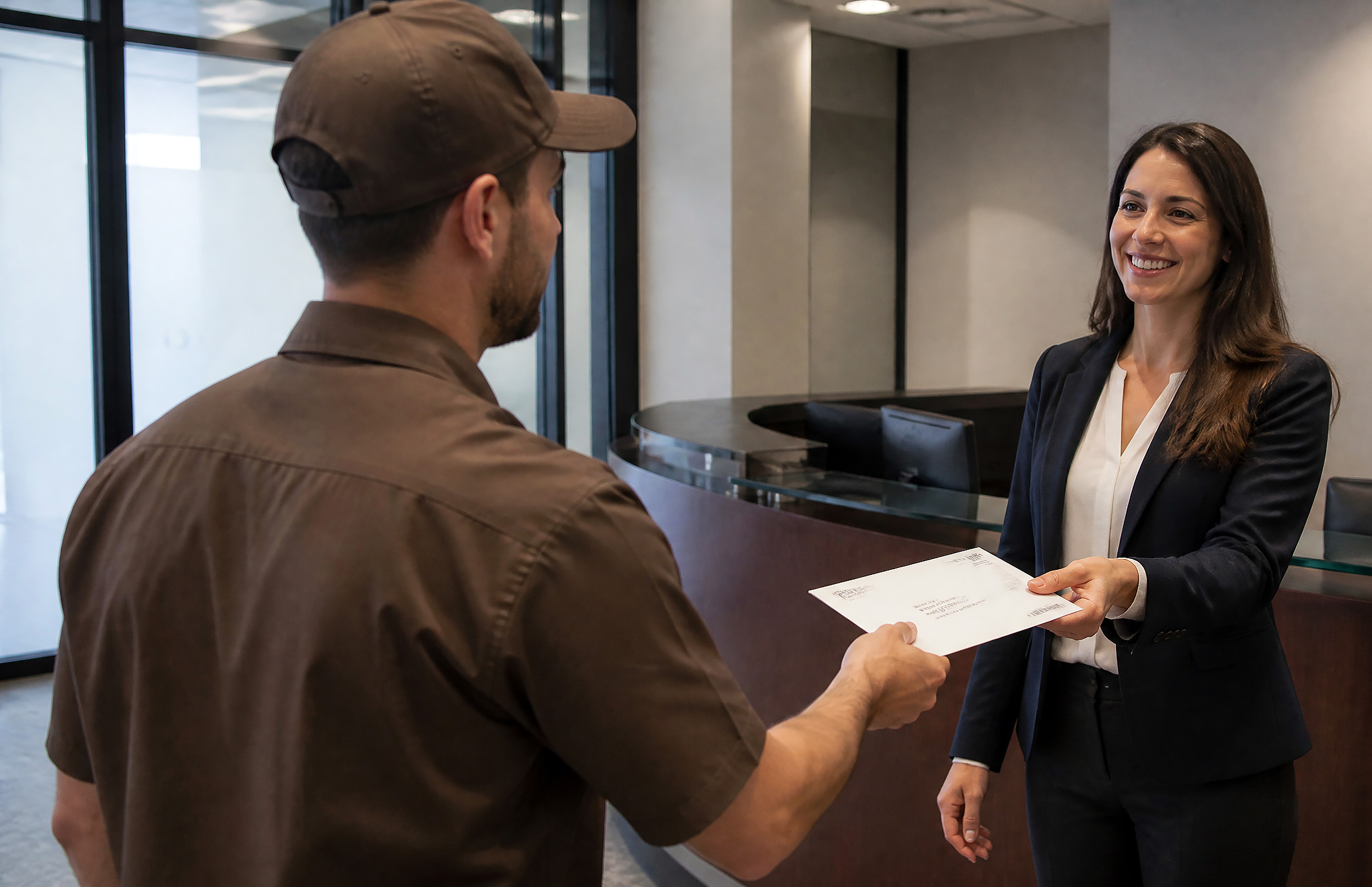 Courier handing a sealed envelope to a business professional, representing service of process delivery