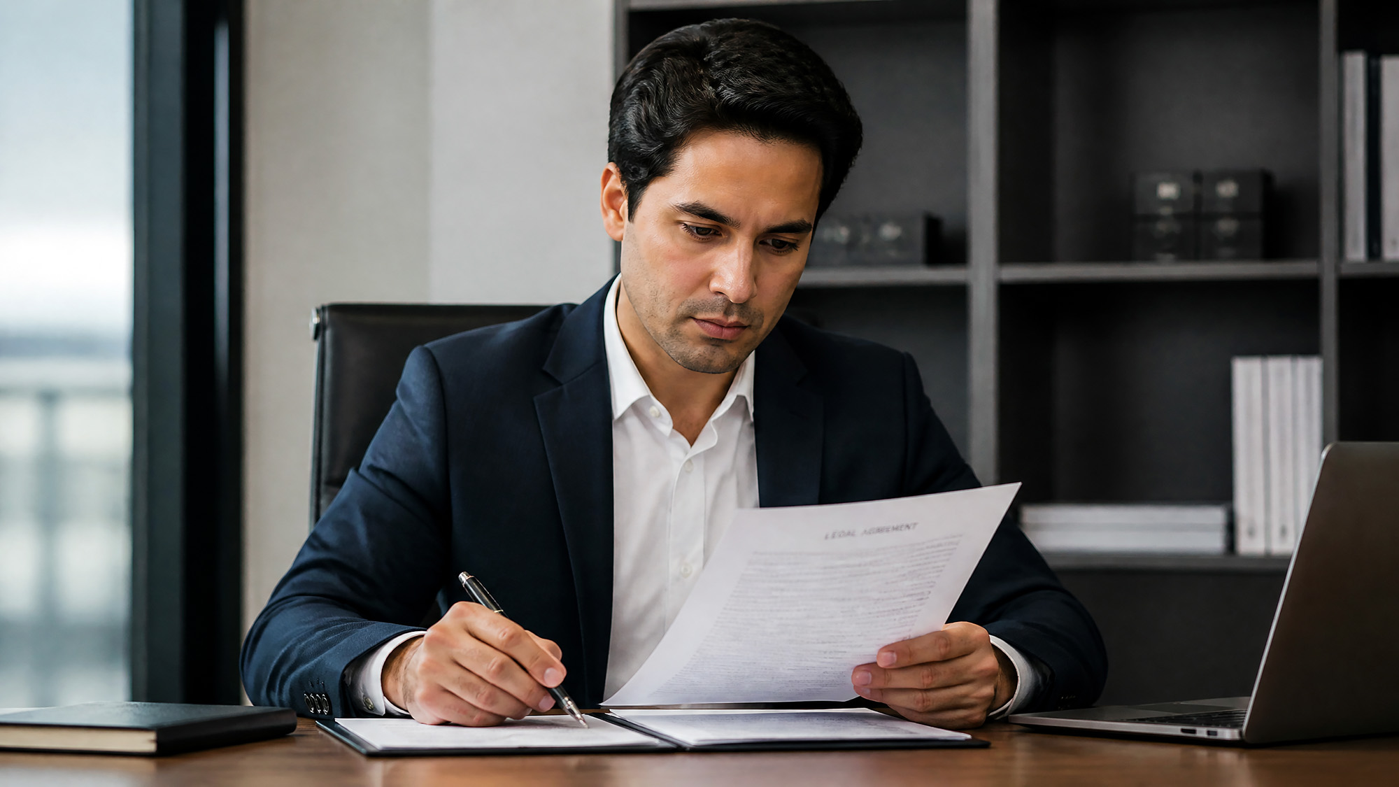 Businessman signing and reviewing an official legal document at a desk