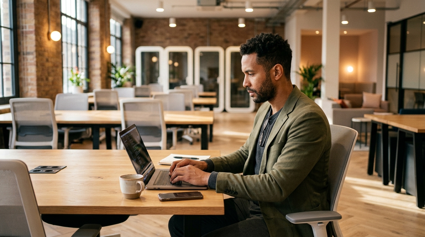 Professional man using a laptop in a co-working space